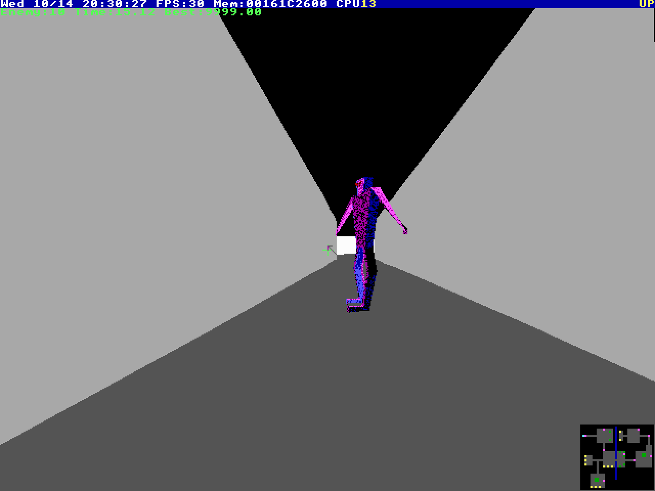 Castle Frankenstein: a grey corridor in perspective with a purple figure ahead and a minimap in the corner