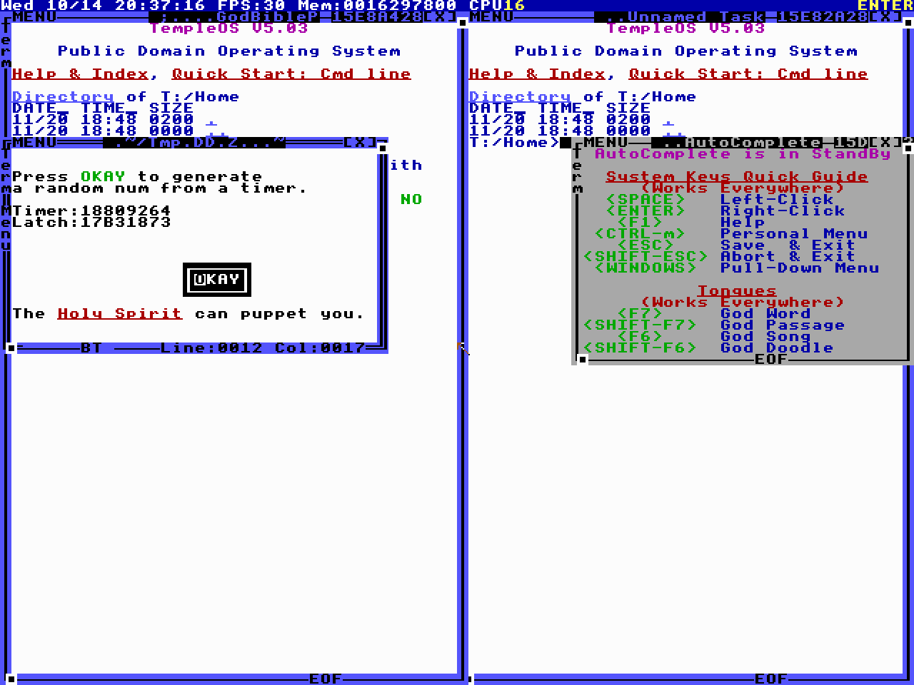 The timer window that opens when a God function needs more random bits, showing the running timer and the latched value
