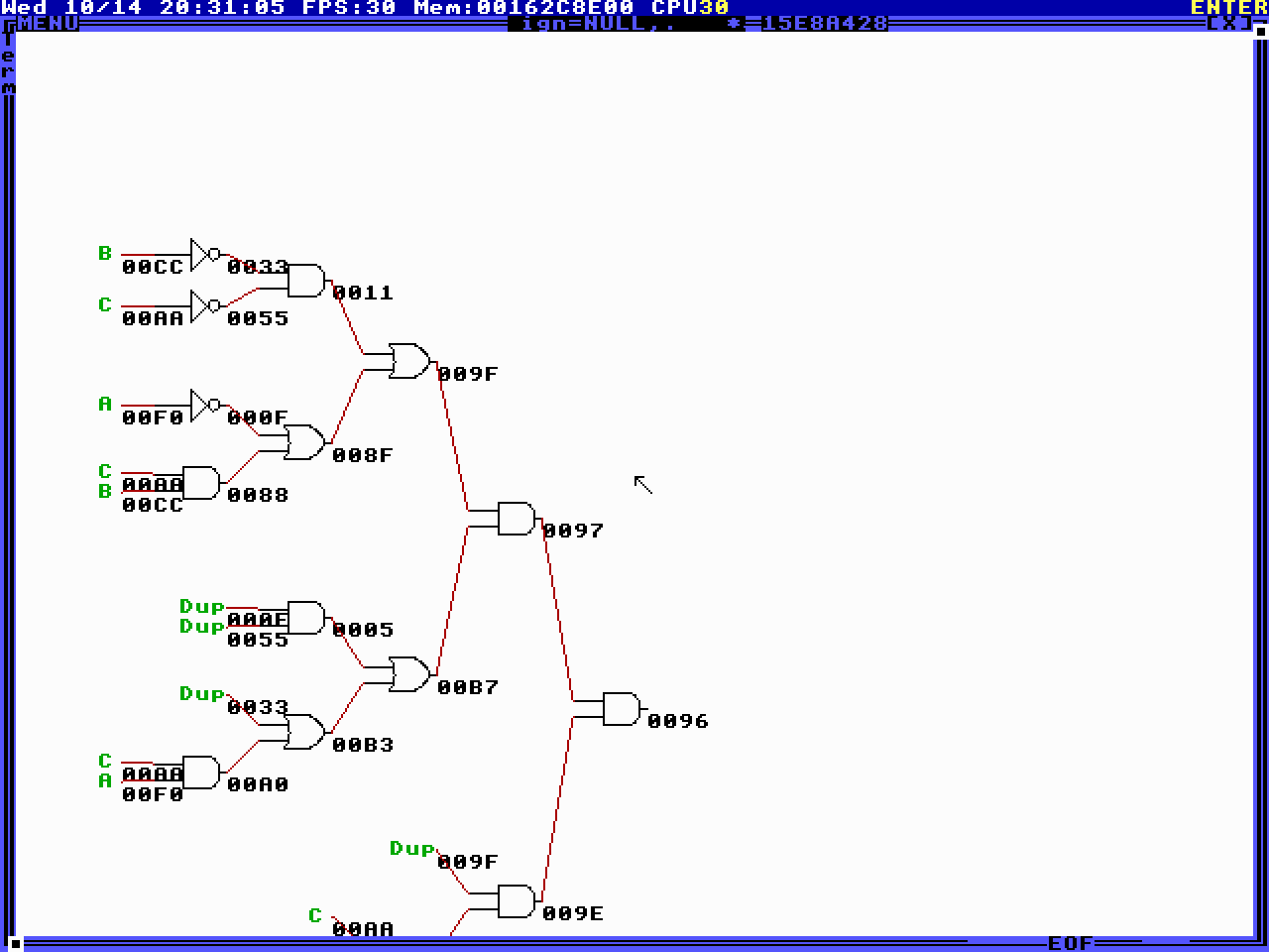 Logic: a circuit for the column 0x96 built from AND, OR and NOT gates, drawn back from the output to inputs A, B and C