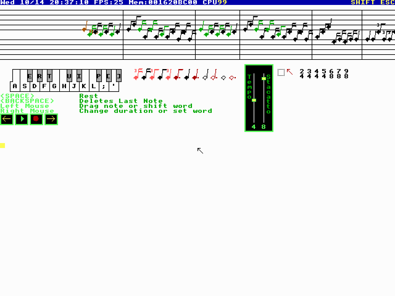 Psalmody with the example song childish loaded: notes and words on the score, the duration palette and the on-screen keyboard