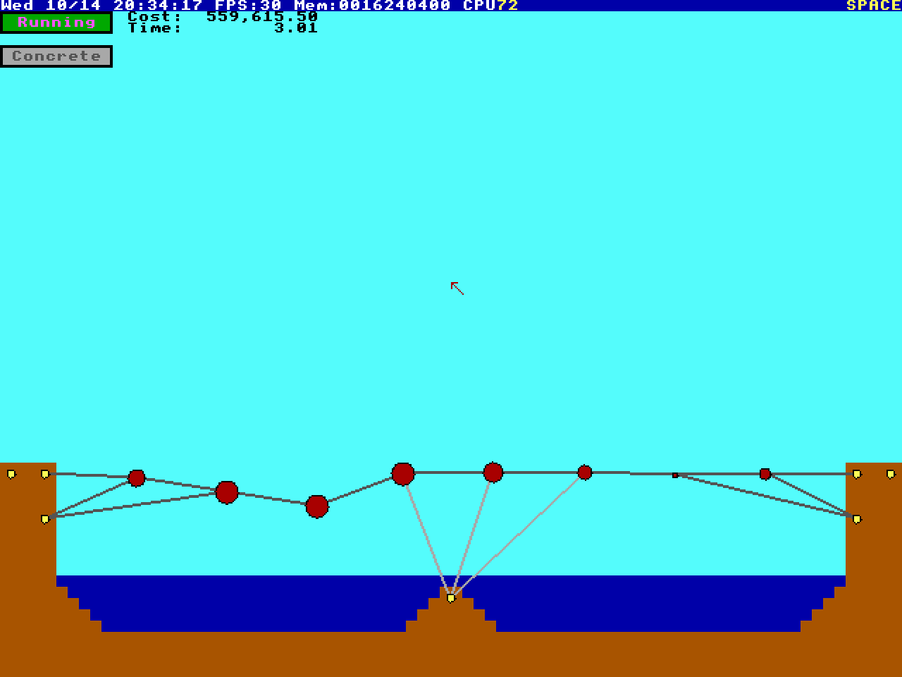 Span during a test: a steel deck and concrete supports across a river, with the red load masses swelling