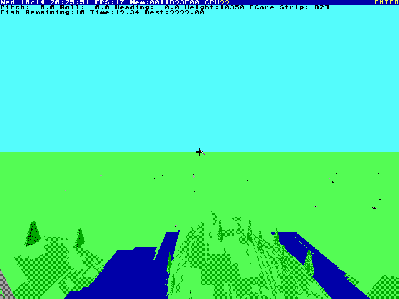Talons: green hills and blue water seen from the air, with trees, under a cyan sky