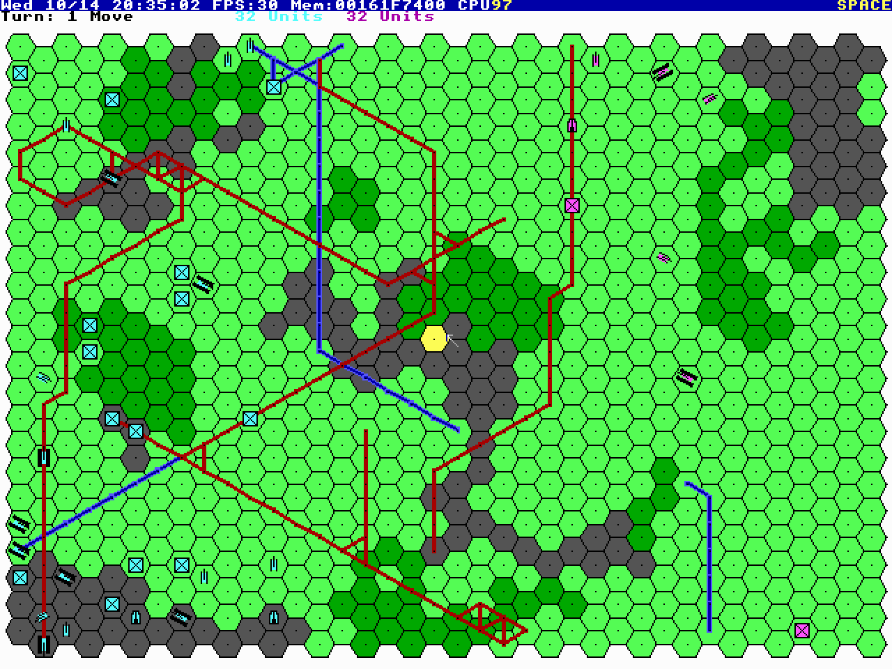 ToTheFront: a hex map of plains, trees and mountains crossed by rivers and roads, with two sides' units