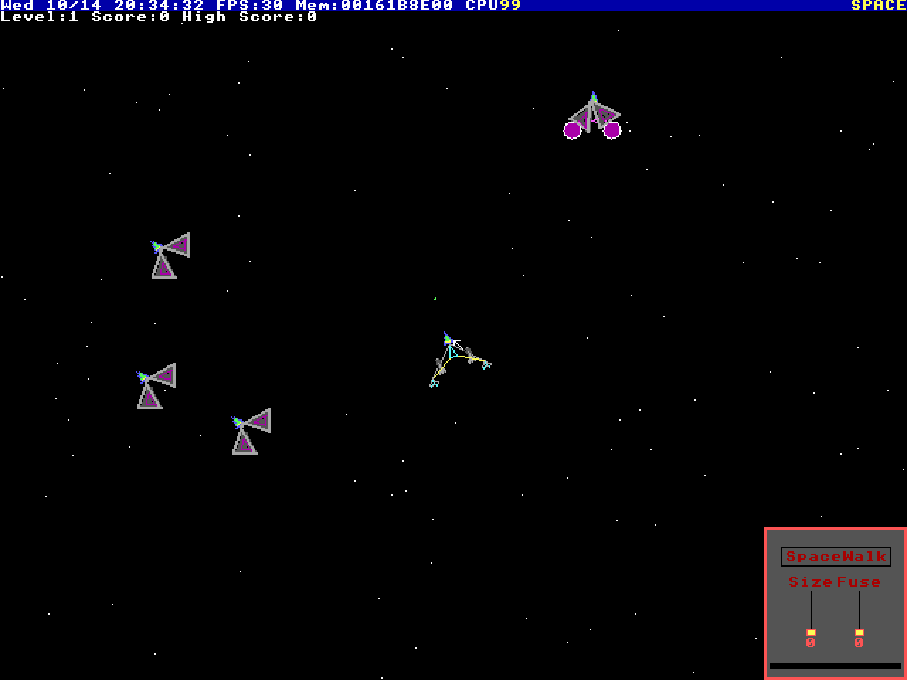 X-Caliber: the player ship in a star field, with triangular enemies on the left and a larger enemy at the top, and the control panel at the bottom right